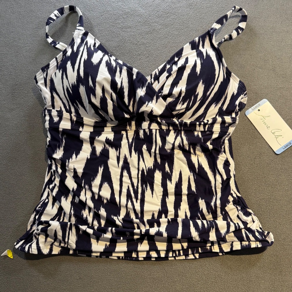 Anne Cole Navy White Ikat Print Tankini Swim Top UPF 50 Adjustable Straps Large